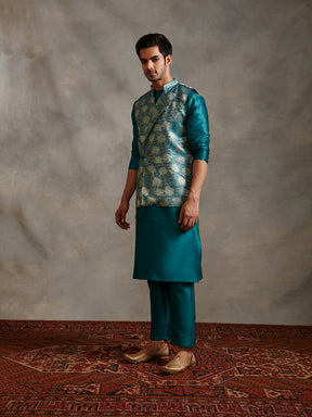 Banarasi kurta with overlapped zari jacket & straight pants- Teal Blue