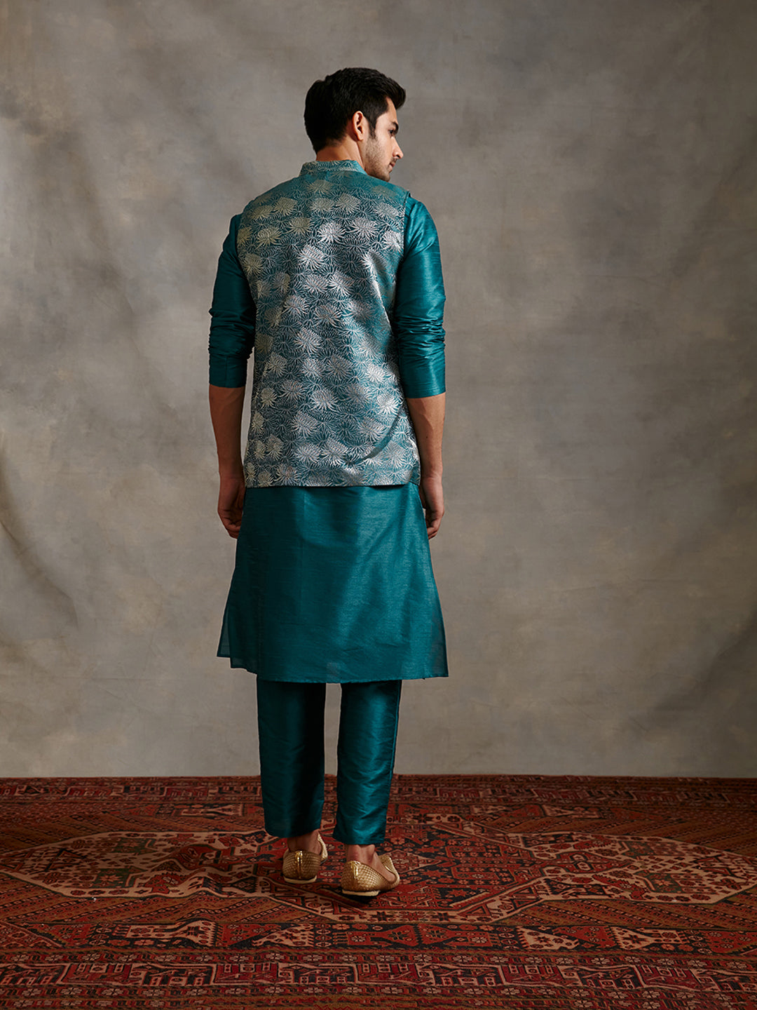 Banarasi kurta with overlapped zari jacket Set - Teal Blue