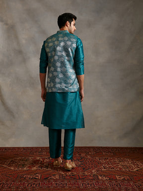 Banarasi kurta with overlapped zari jacket & straight pants- Teal Blue