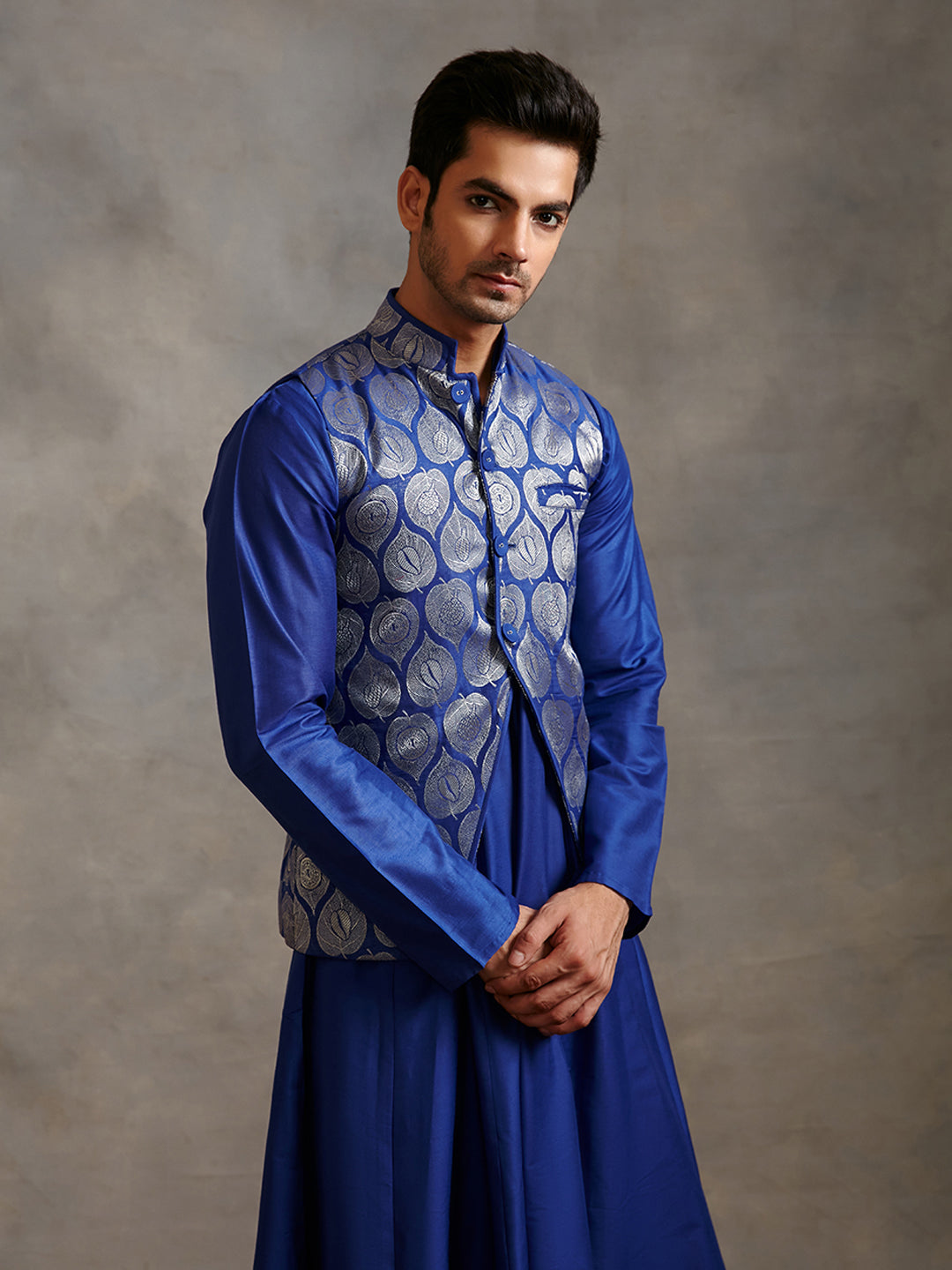 Banarasi zari jacket with paneled anarkali kurta & pants-imperial blue