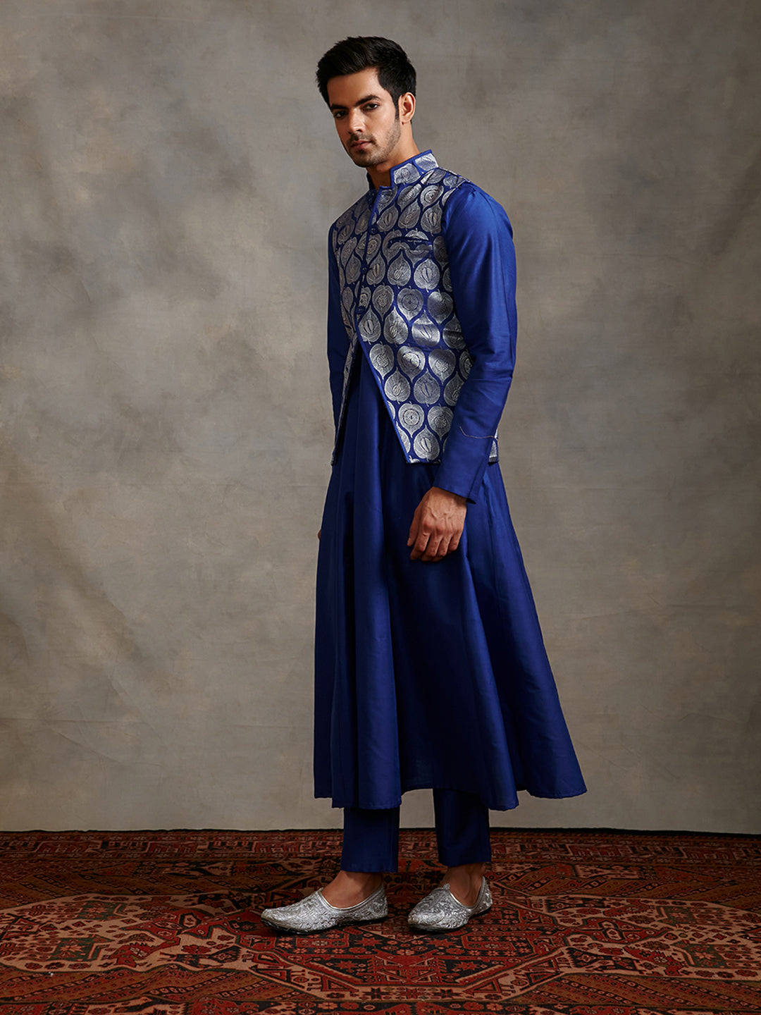 Banarasi zari jacket with paneled anarkali kurta & pants-imperial blue