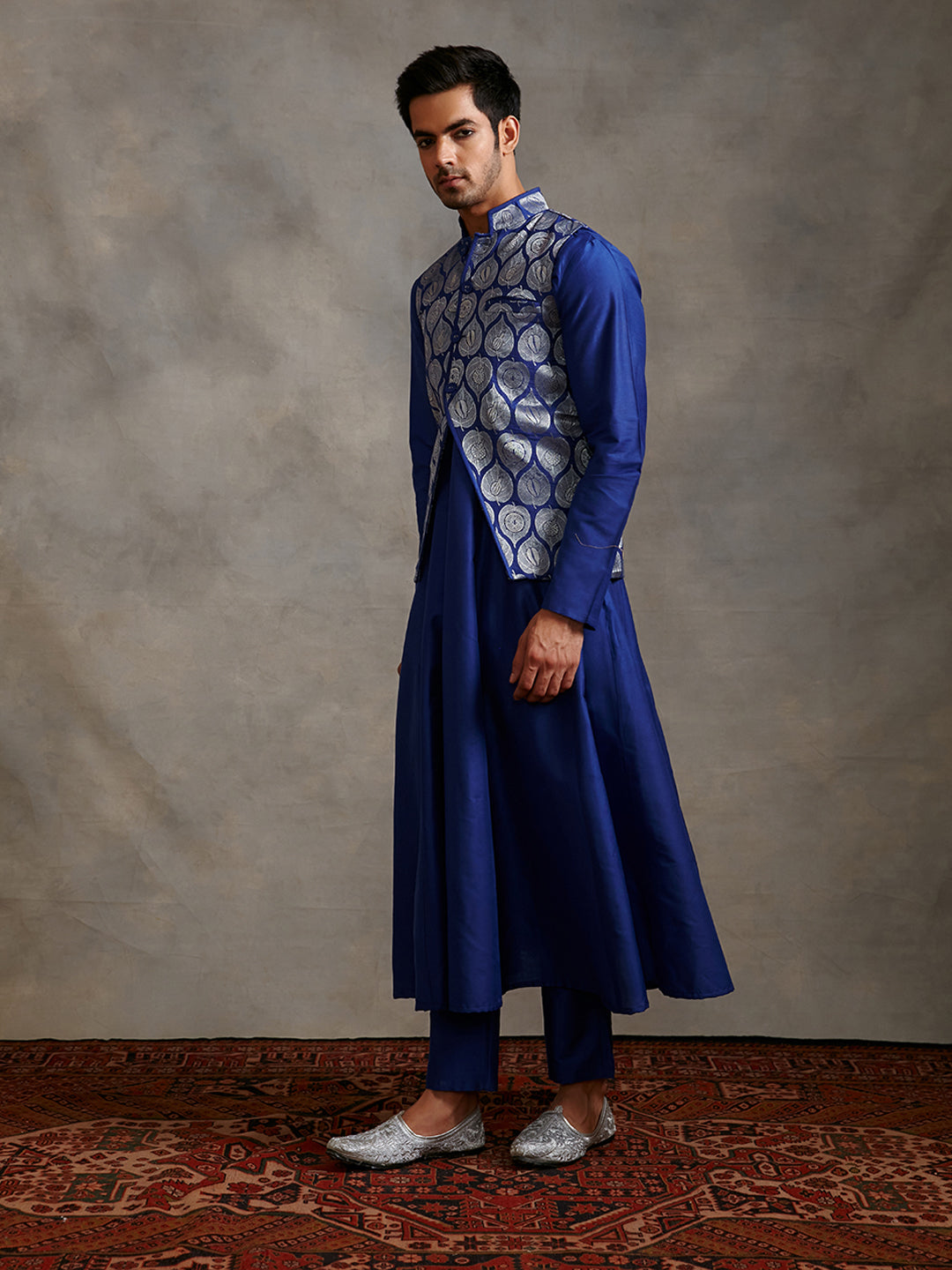 Banarasi zari jacket with paneled anarkali kurta Set - imperial blue