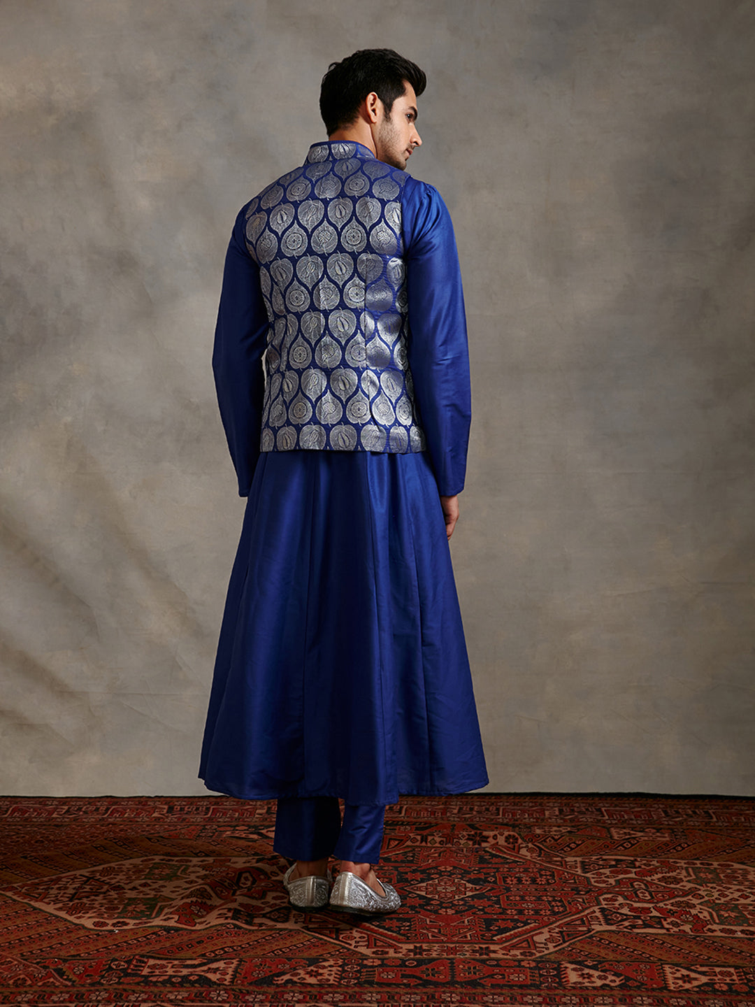 Banarasi zari jacket with paneled anarkali kurta & pants-imperial blue