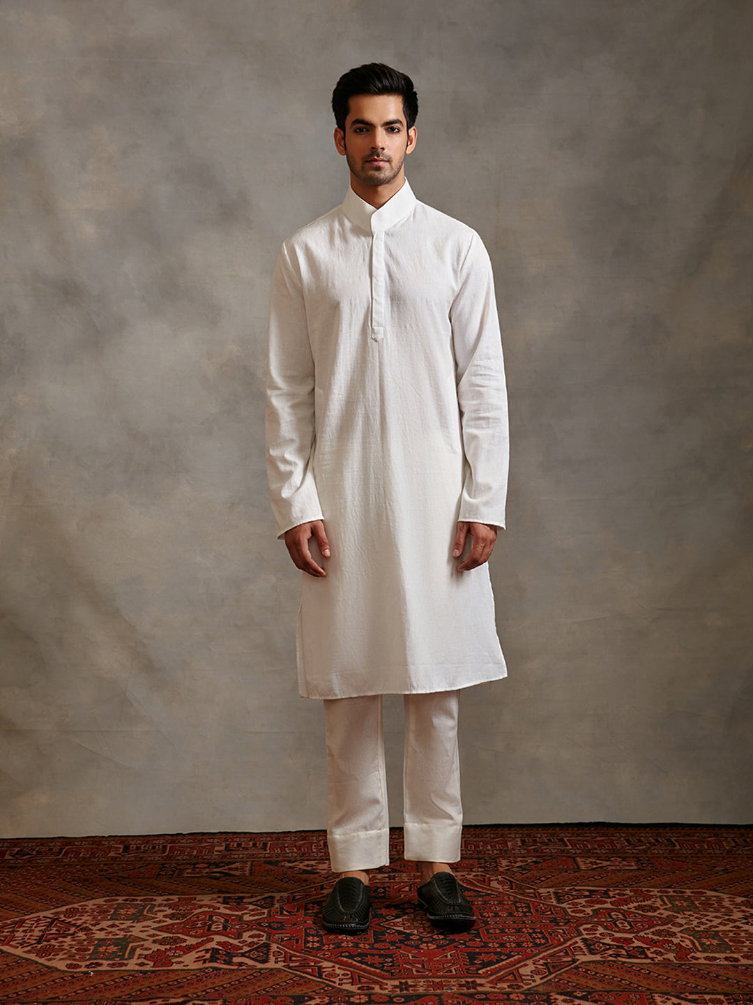 Extended collar cotton flax kurta- pearl white