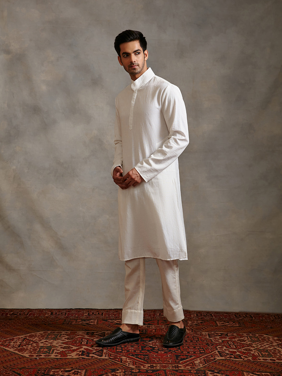 Extended collar cotton flax kurta Set