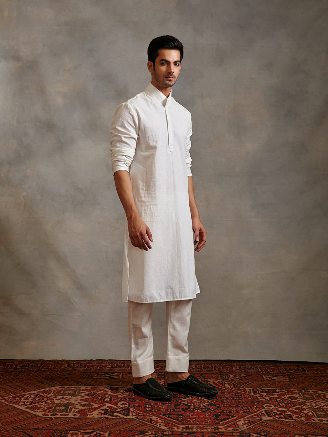 Extended collar cotton flax kurta Set