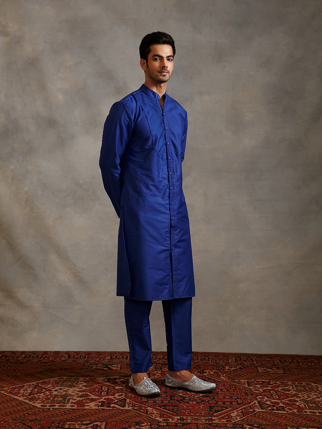Banarasi pintuck detail kurta with straight pants-imperial blue