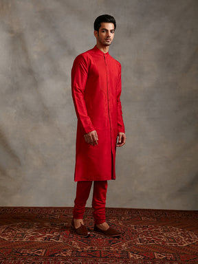 Banarasi pintuck detail kurta Set - scarlet red