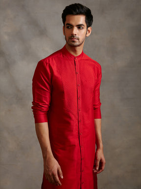 Banarasi pintuck detail kurta Set - scarlet red
