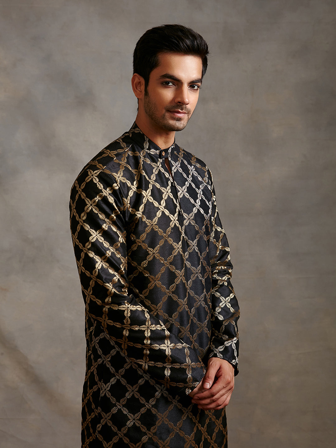 Men's Black Kurta And White Pant Style Pyjama Set - Absolutely Desi