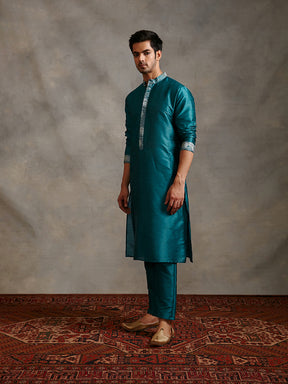 Banarasi zari detail buttoned down kurta -Blue