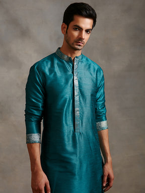 Banarasi zari detail Buttoned down kurta with straight pant-teal blue