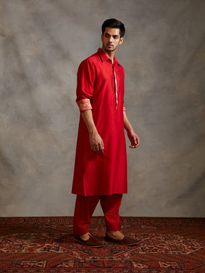 Banarasi collared kurta with zari placket and afghani pants- scarlet red