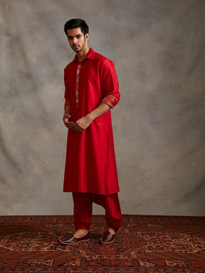 Banarasi collared kurta with zari placket and afghani pants- scarlet red