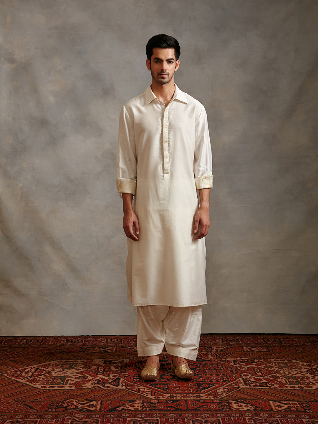 Banarasi collared kurta with zari placket-Pearl white