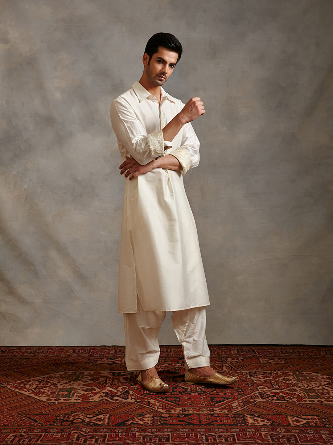 Banarasi collared kurta with zari placket and afghani pants- pearl white