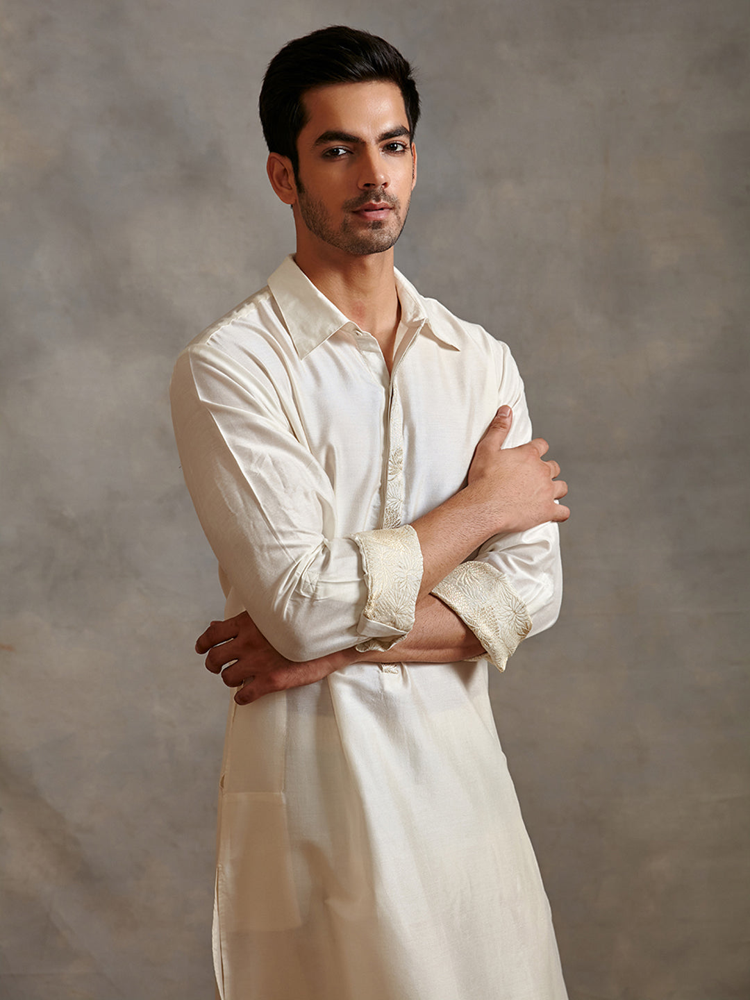 Banarasi collared kurta with zari placket-Pearl white