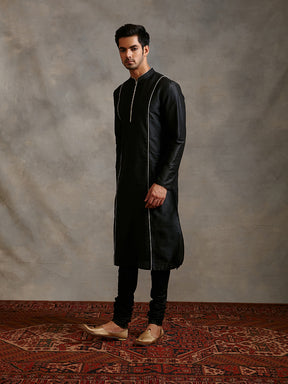 Banarasi straight kurta with contrasting detail paired with churidar- Metallic black