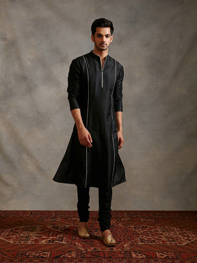 Banarasi straight kurta with contrasting detail paired with churidar- Metallic black