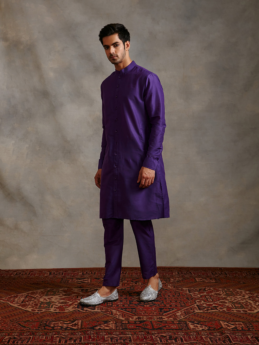Banarasi buttoned down kurta- Royal purple