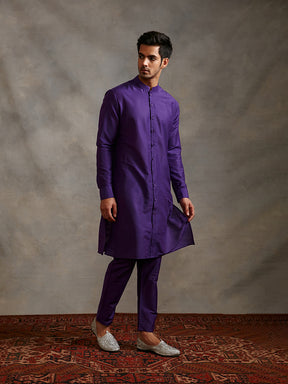 Banarasi buttoned down kurta with churidar- Royal purple