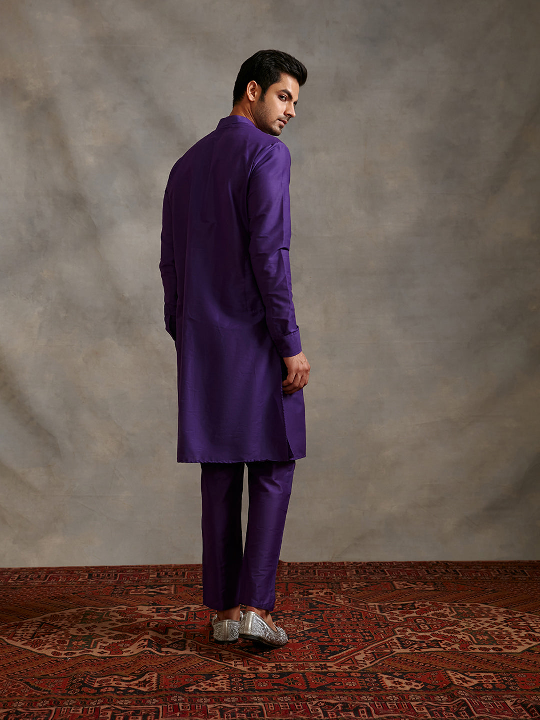 Banarasi buttoned down kurta with churidar- Royal purple