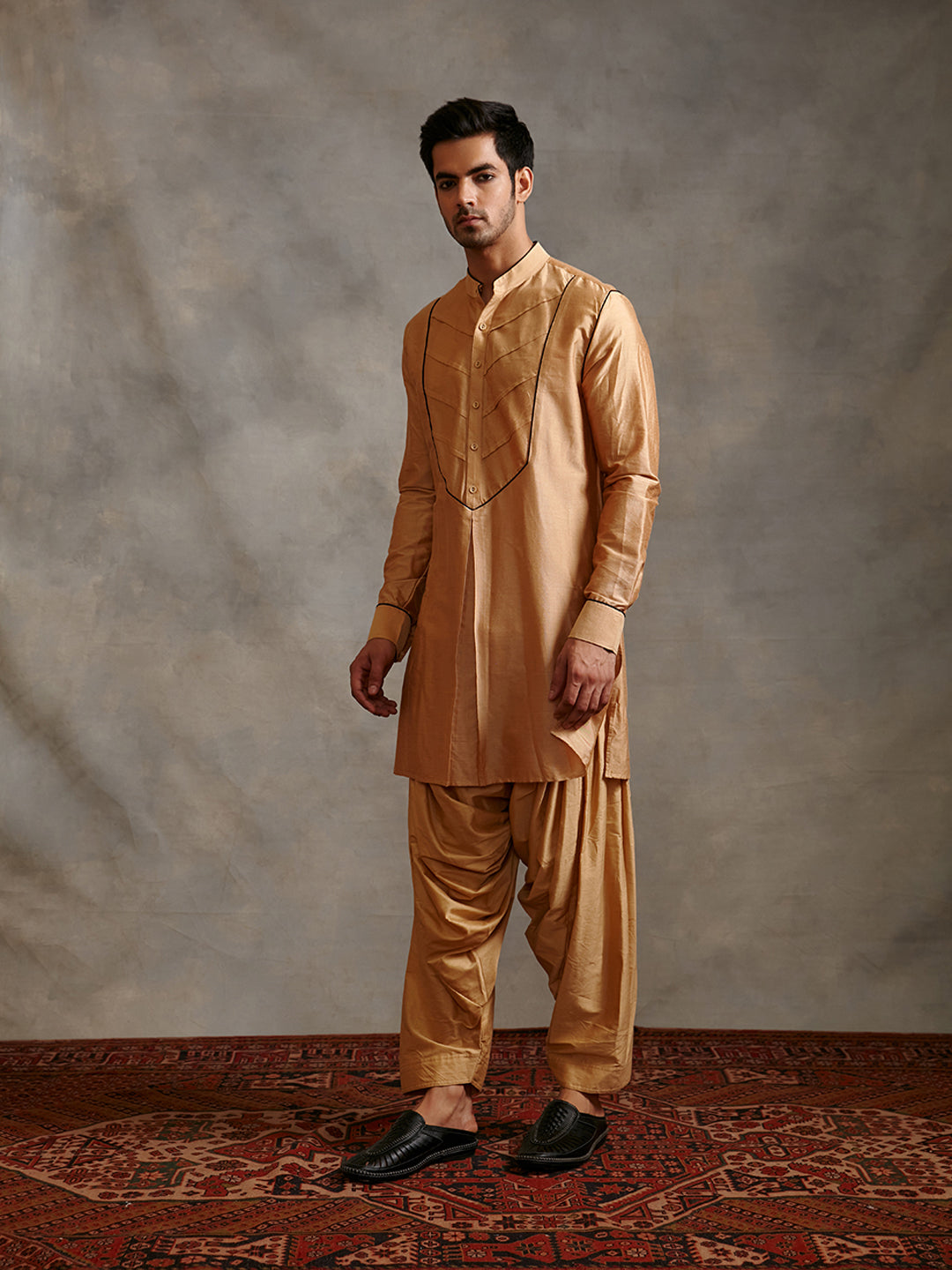 Banarasi kurta with contrasting detail paired with afghani pant-sand beige
