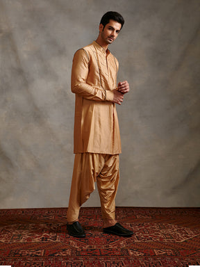 Banarasi kurta with contrasting detail paired with afghani pant-sand beige