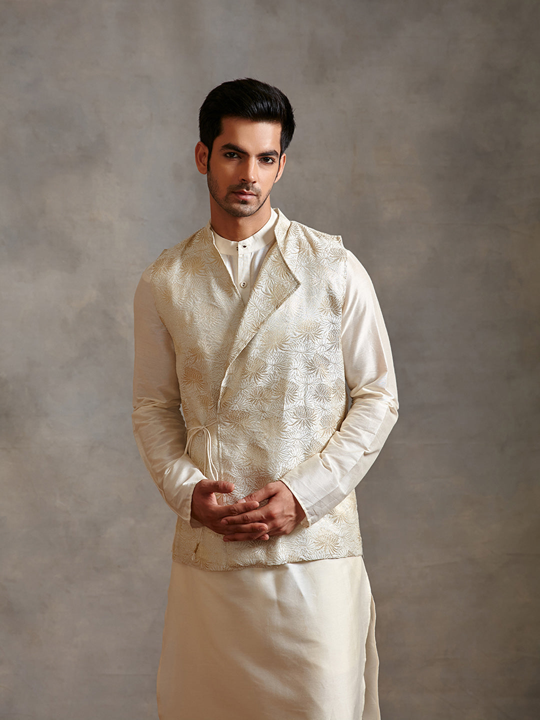 Banarasi kurta with overlapped zari jacket & straight pants-Ivory