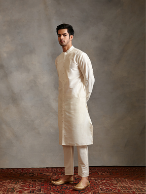 Banarasi pintuck detail kurta with straight pants-ivory