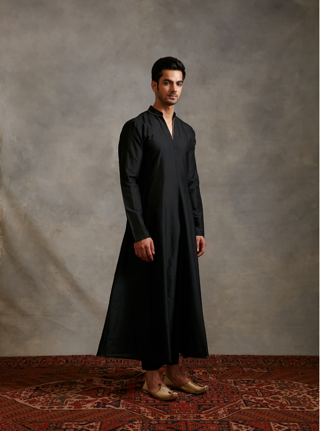 Banarasi paneled anarkali kurta with straight pants- metallic black