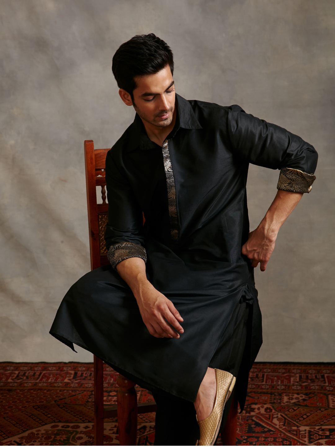 Banarasi collared kurta with zari placket and afghani pants-metallic black