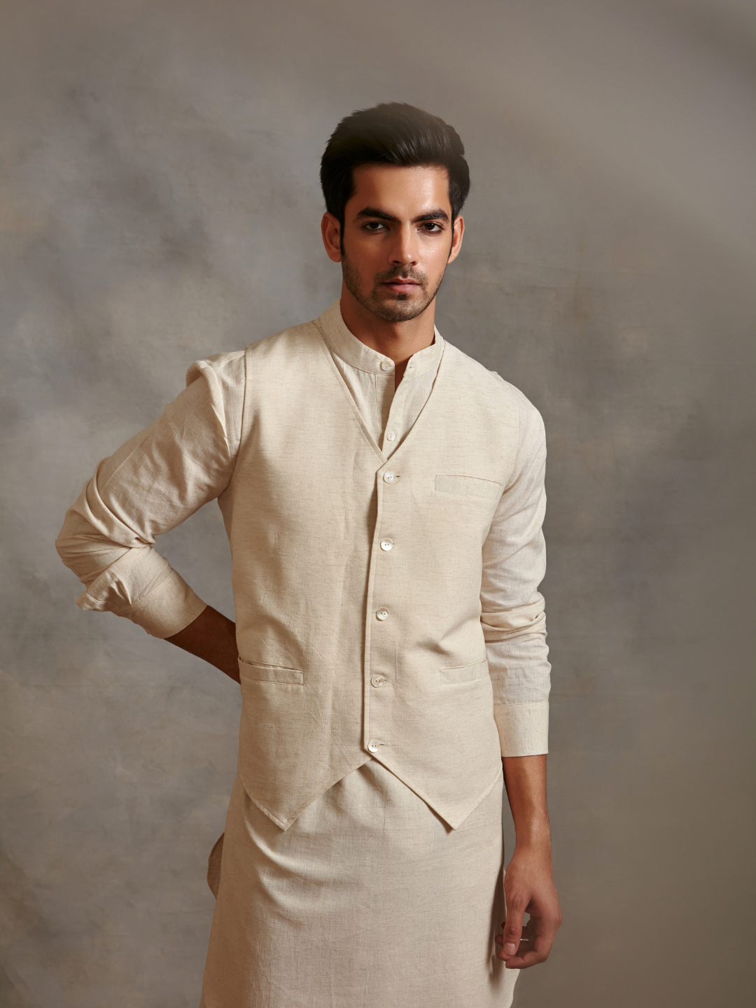 Straight cotton flax kurta Set - Ecru white