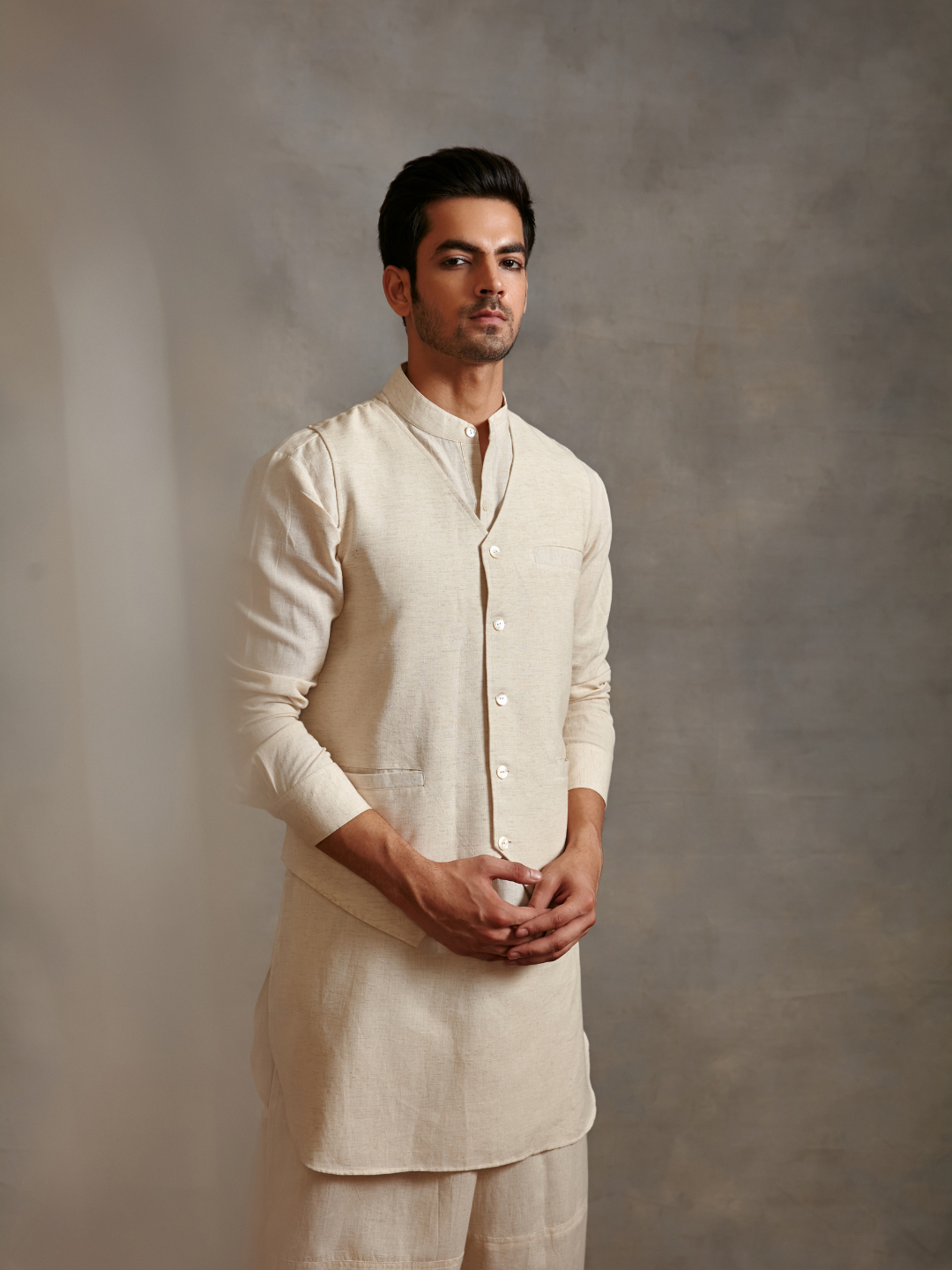 Straight cotton flax kurta Set - Ecru white