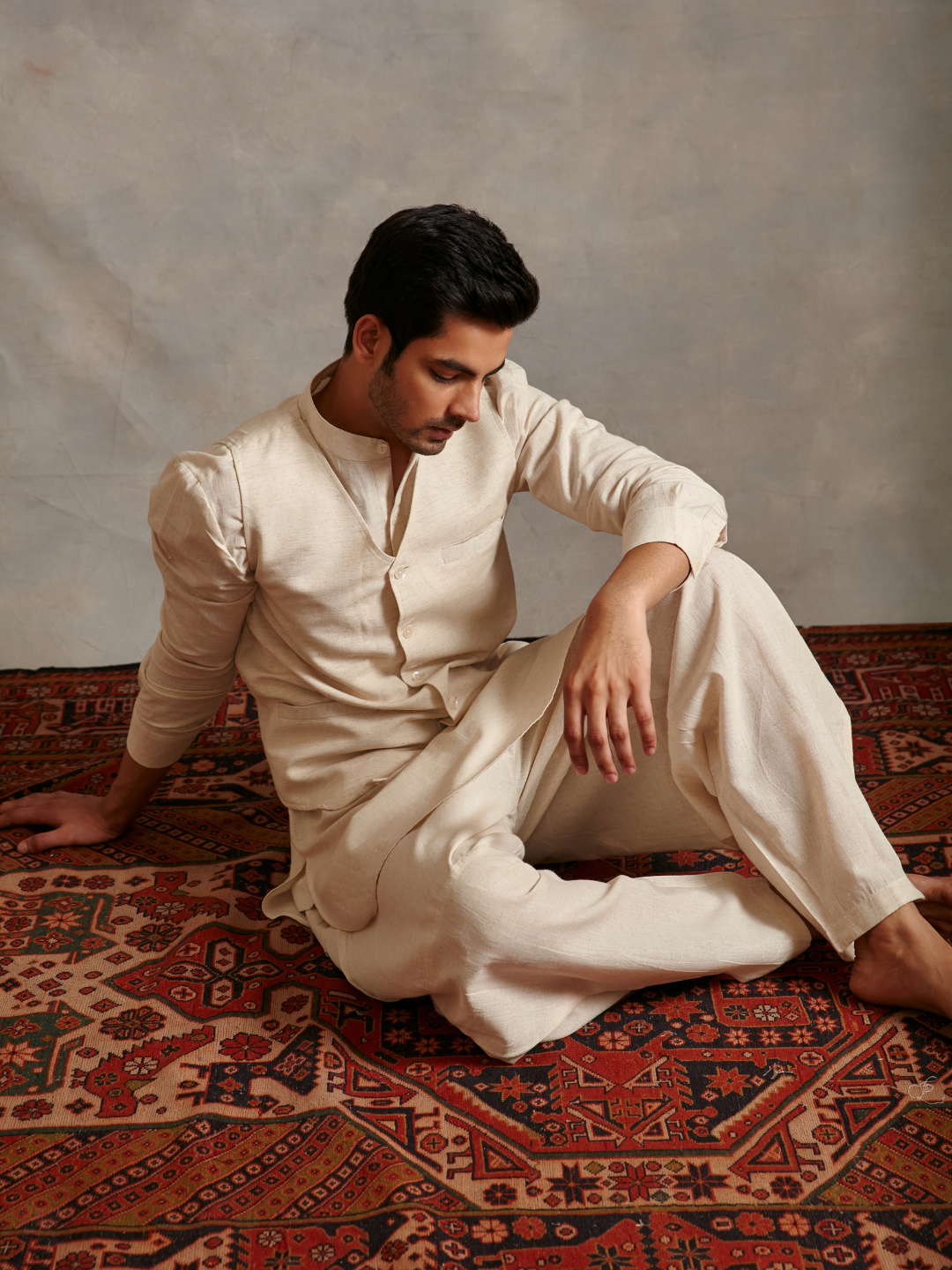 Straight cotton flax kurta Set - Ecru white