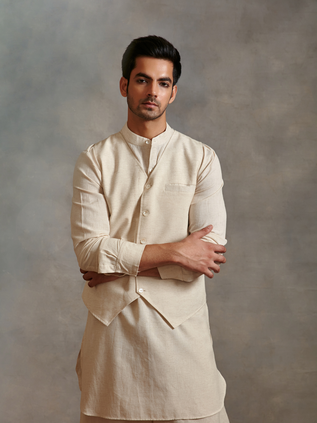 Straight cotton flax kurta Set - Ecru white