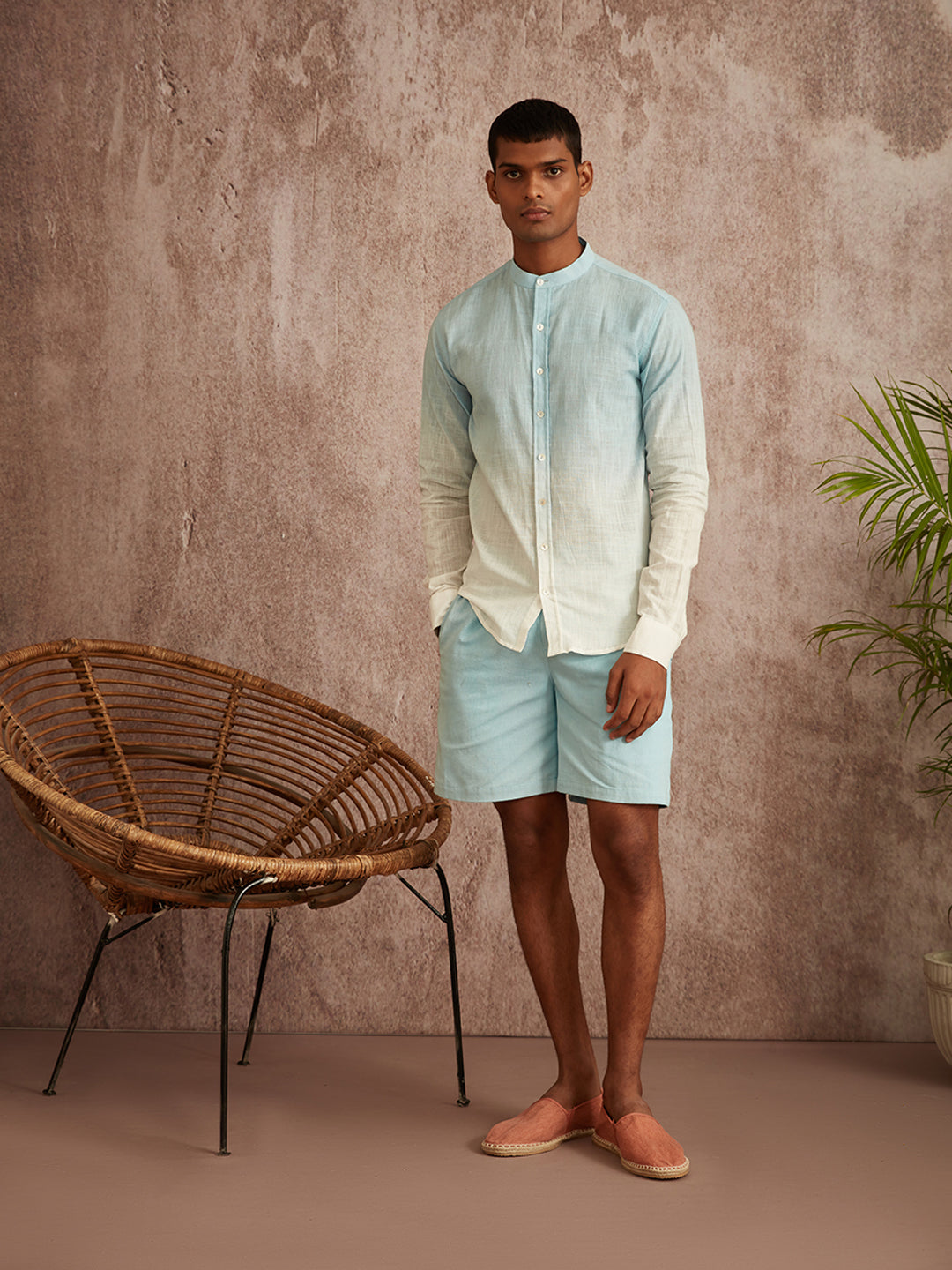 Mandarin collar ombre shirt- Blue