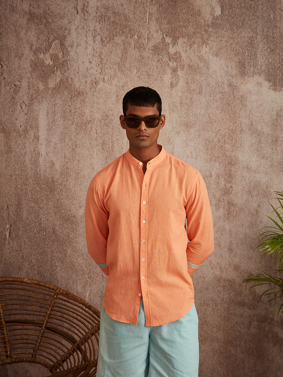 Cuff detail mandarin collar shirt-Peach