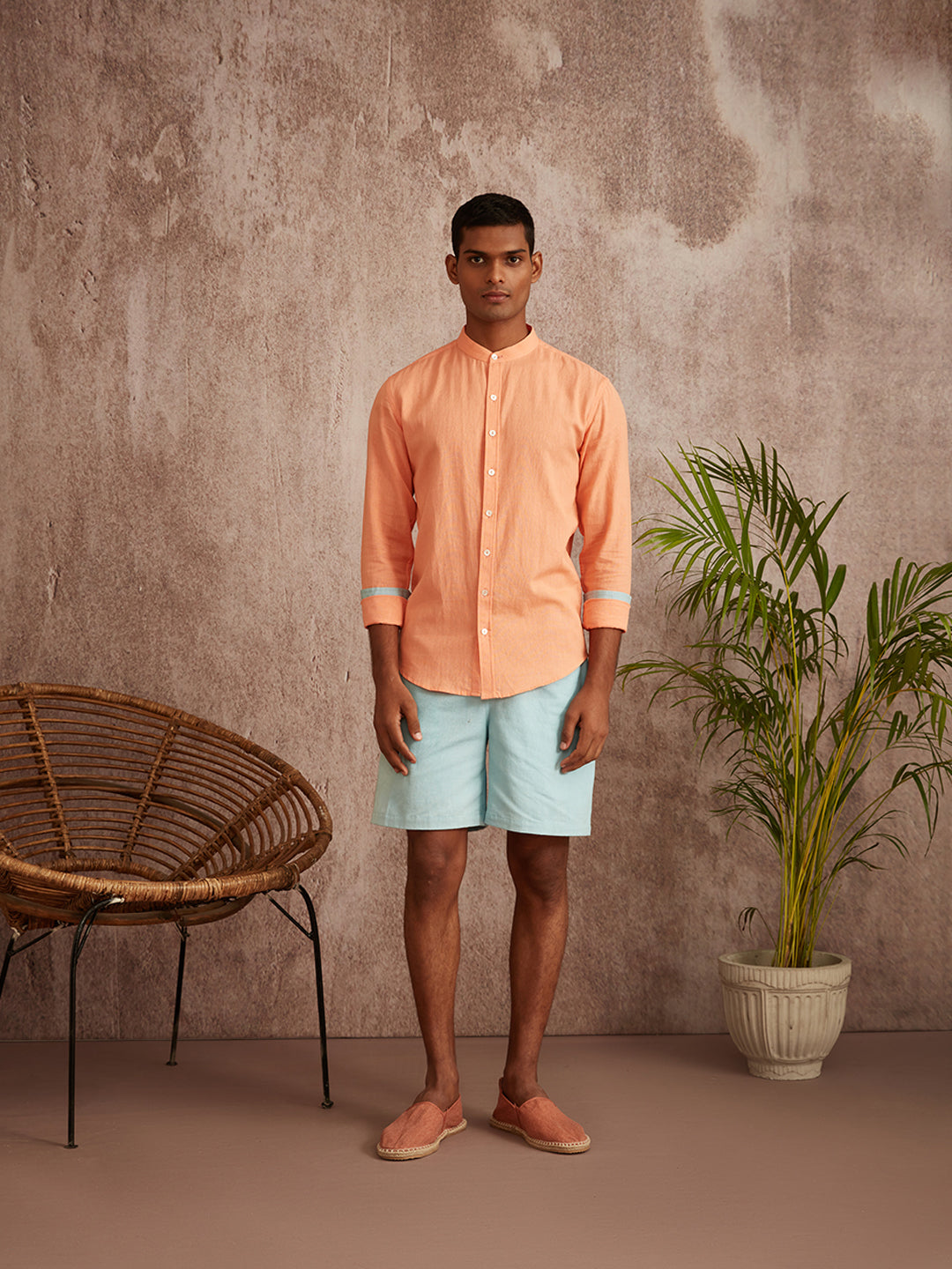 Cuff detail mandarin collar shirt-Peach