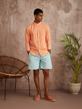 Cuff detail mandarin collar shirt-Peach
