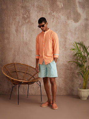 Cuff detail mandarin collar shirt-Peach