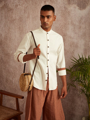 Cuff detail mandarin collar shirt-White