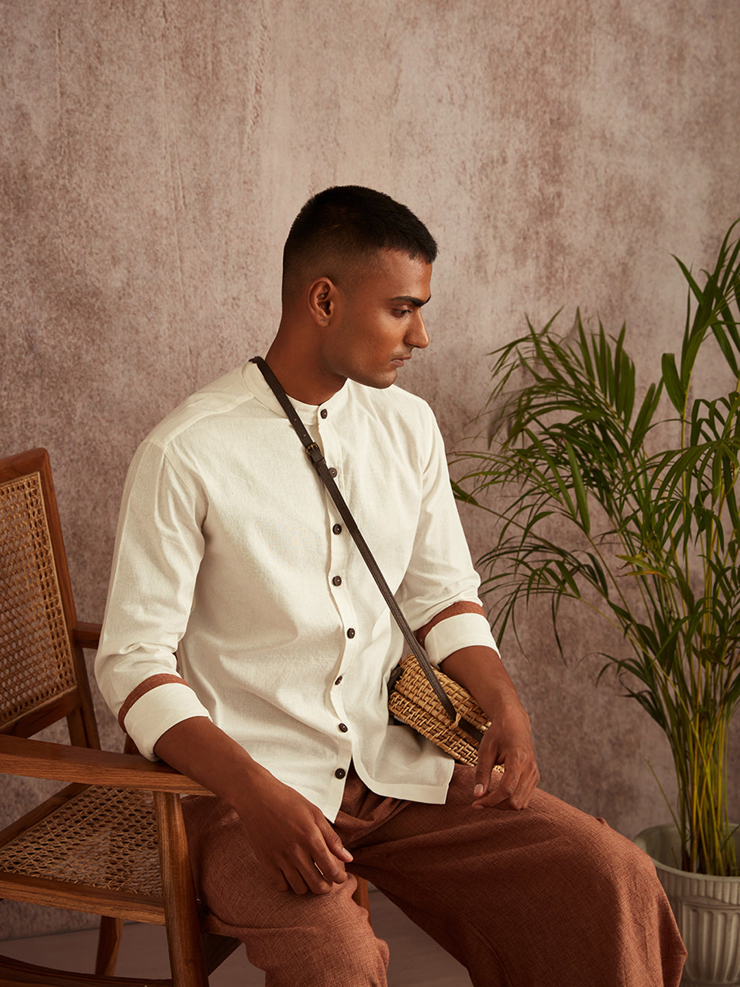 Cuff detail mandarin collar shirt-White