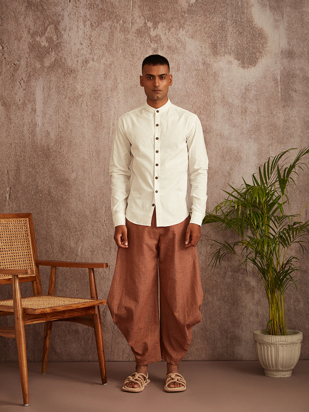 Cuff detail mandarin collar shirt-White