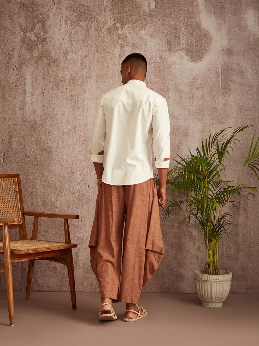 Cuff detail mandarin collar shirt-White