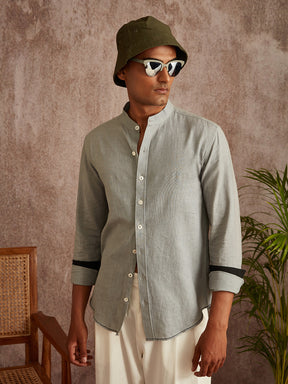 Cuff Detail mandarin collar shirt-Grey