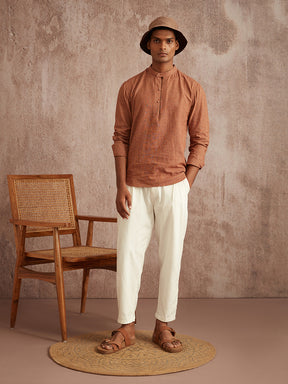 Extended mandarin collar shirt- Brown