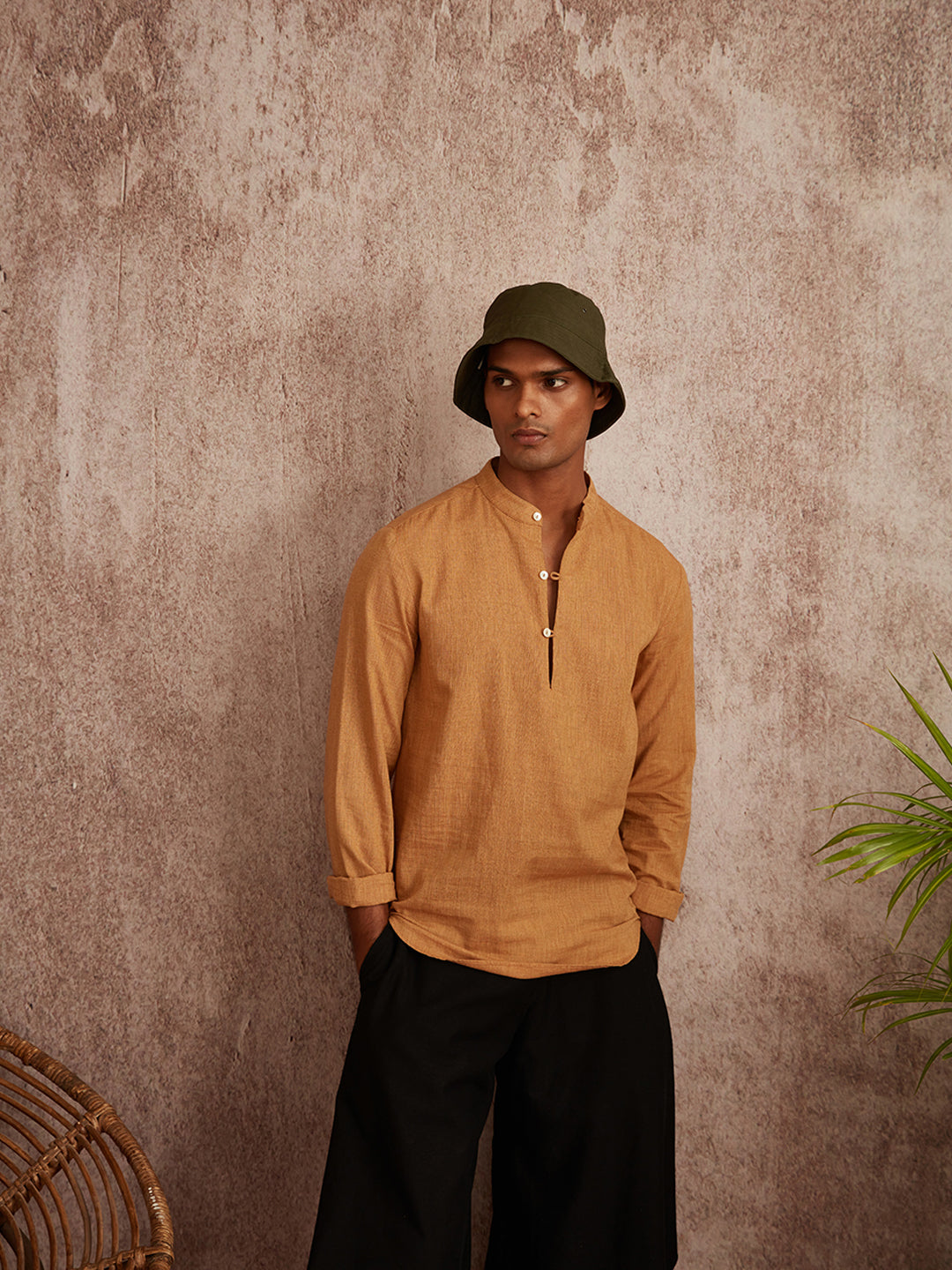 Extended mandarin collar shirt- Beige