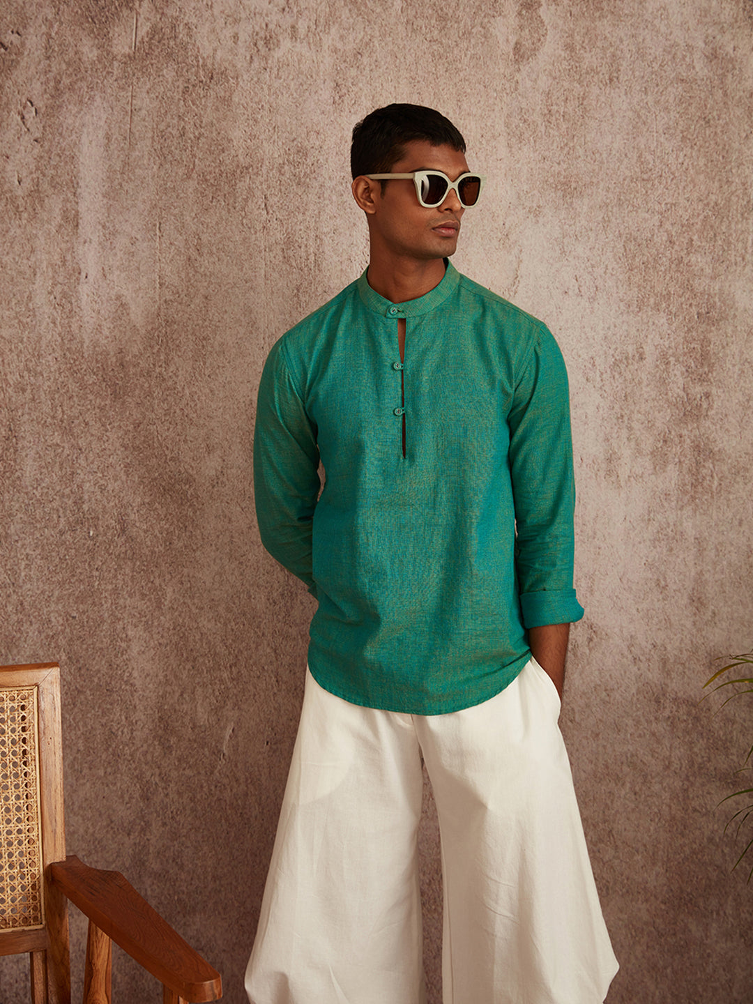 Extended mandarin collar shirt- Turquoise