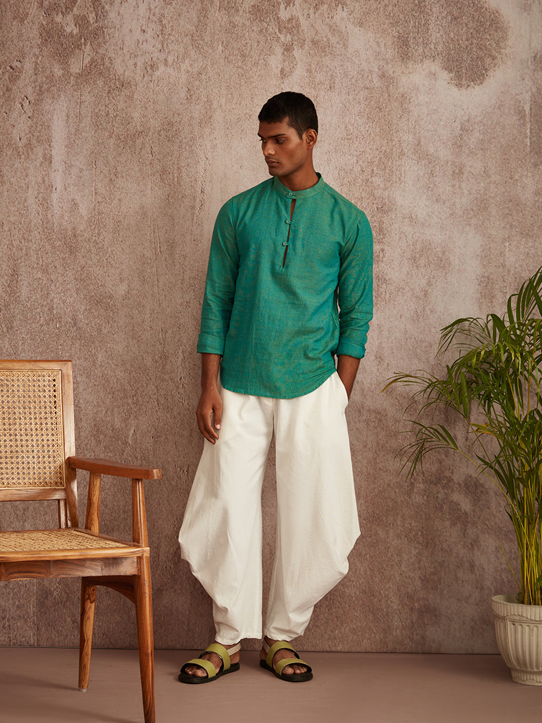 Extended mandarin collar shirt- Turquoise